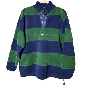 VINTAGE | 90s Tommy Hilfiger T-Snap Striped Fleece Sweater - Green + Blue